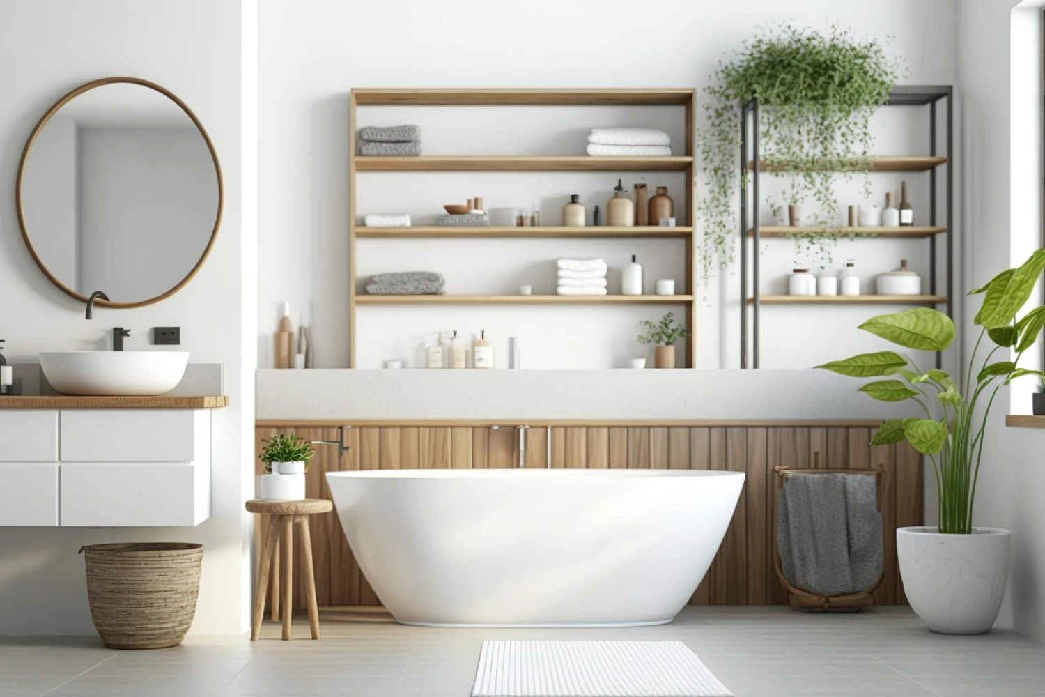 Products Offered by Bath Fitter Carolinas Bathroom interior in white and wood with a white bathtub, a toilet, and a built-in shelf for personal care items. a mockup